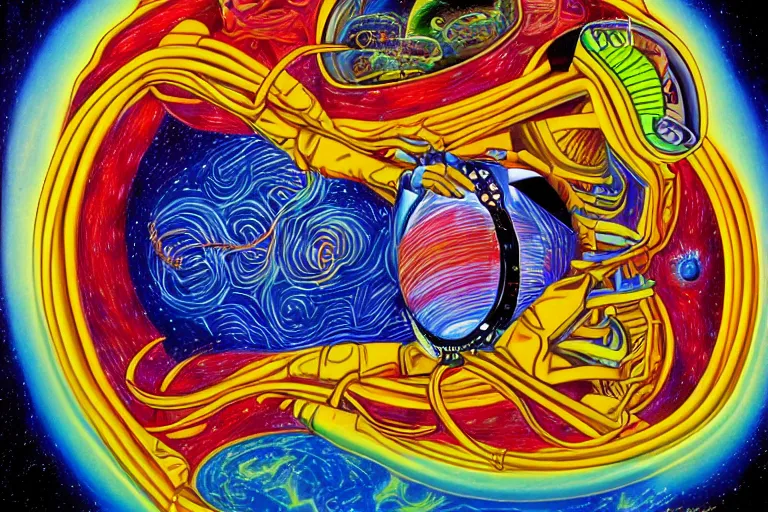 Image similar to a portrait of an astronaut in the style of alex grey,