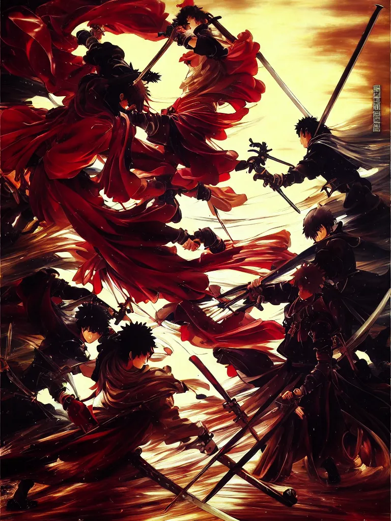 Image similar to baroque oil painting of key visual samurai duel, samurai armor, rain, brutalist fantasy, style of makoto shinkai takashi takeuchi yoshiyuki sadamoto, fate stay night