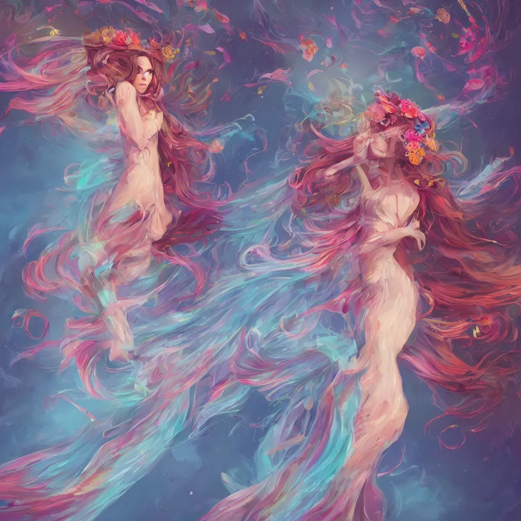 Prompt: a colorful and provenance illustrations painting of the fantasy angel flying with floral wings, highly detailed, her hair made of hair made of air wind and curling smoke, mist, dust, genie, spirit fantasy concept art, art by aenami, alena, afshar, petros and leonid, trending on artstation.