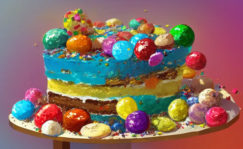 Image similar to a colorful digital painting of a cake with lots of sweets on it, by greg rutkowski and james gurney, trending on artstation