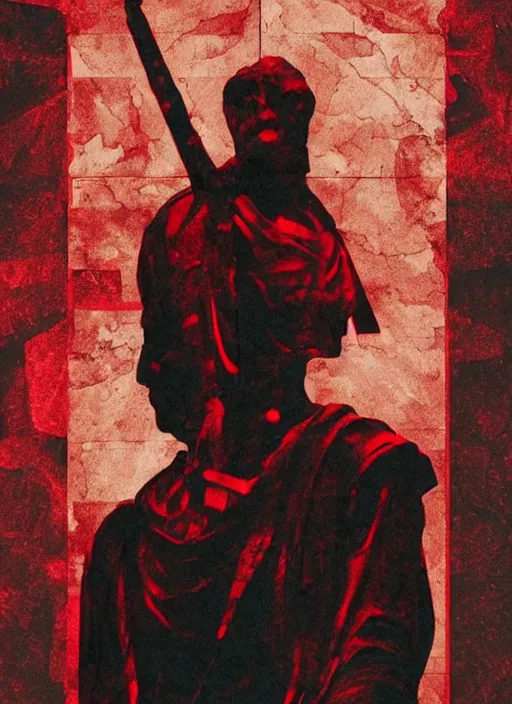 Image similar to design poster showing a statue of julius caesar, black background with very subtle red and purple design elements, powerful, nekro, graphic design, collage art, thin lines, dark, glitch art, neo vaporwave, gritty, layout frame, square, trending on artstation