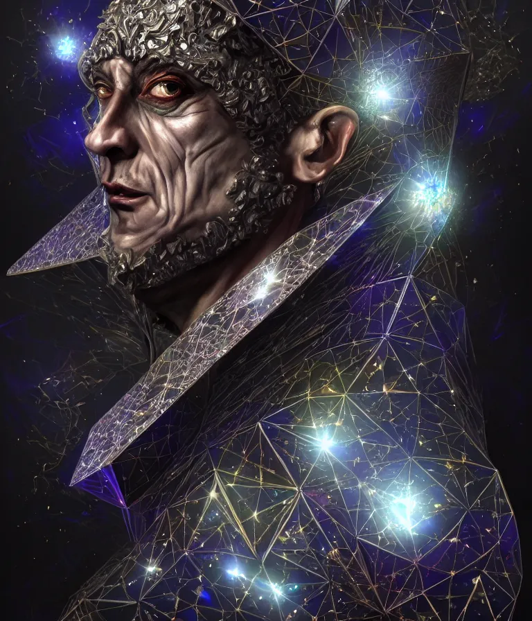 Image similar to front!!! shot of a court jester!!! character, mesmerizing fractal hypercubes, platinum cracked, dark holography!!!, future, metallic galactic, crystalline edges, polygonal, elegant, highly detailed, centered, (((artstation, concept art, jagged, sharp focus, artgerm, Tomasz Alen Kopera, Peter Mohrbacher, donato giancola, Joseph Christian Leyendecker, WLOP, Boris Vallejo))), ((raytracing)), mugshot!!!!!, ugly!!!!!!, octane render, nvidia raytracing demo, octane render, nvidia raytracing demo, octane render, nvidia raytracing demo, 8K, cinematic, masterpiece, fine portrait