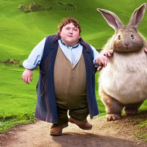 Image similar to chubby british lad as Bartook a teen hobbit with short curly dark brown hair wearing a blue vest with a white sash standing next to a giant rabbit, high resolution film still, movie by Peter Jackson