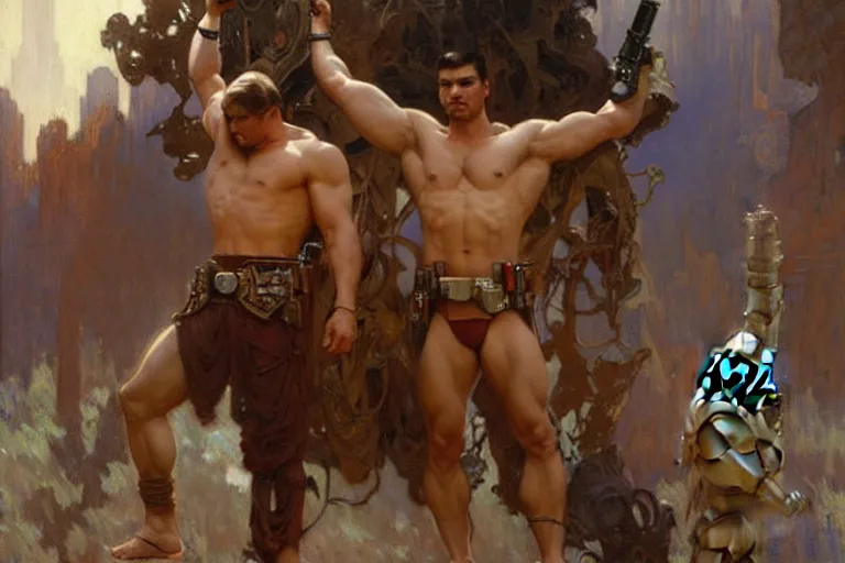 Image similar to 2 muscular attractive men, star wars, painting by gaston bussiere, craig mullins, greg rutkowski, alphonse mucha