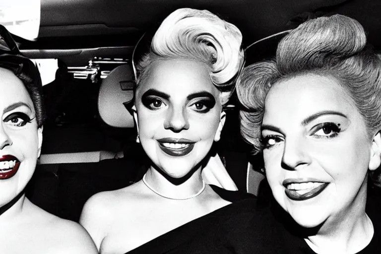 Image similar to lady gaga and judy garland doing carpool karaoke, lady gaga and judy garland, carpool karaoke, lady gaga, judy garland, carpool karaoke