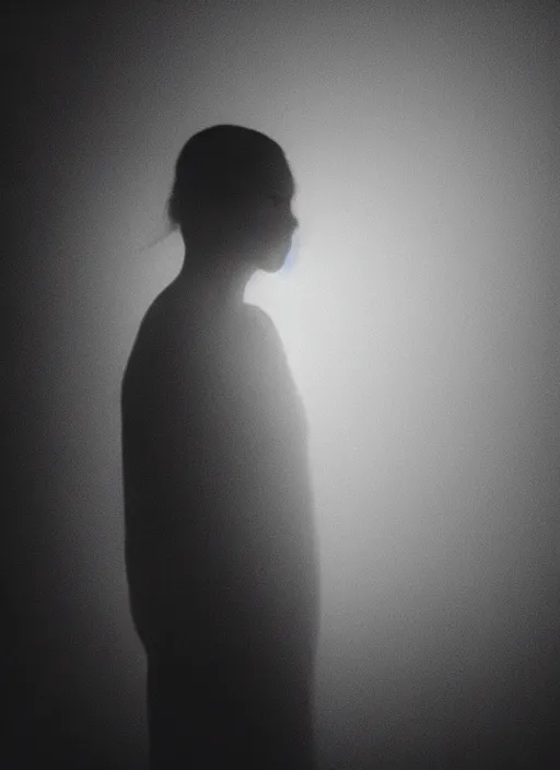 Image similar to human silhouette, large diffused glowing aura, long exposure, film grain, cinematic lighting, experimental portrait photography