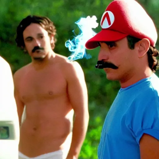 Image similar to Mario smoking a cigarette in a Harmony Korine Spring Breakers film aesthetic!!!