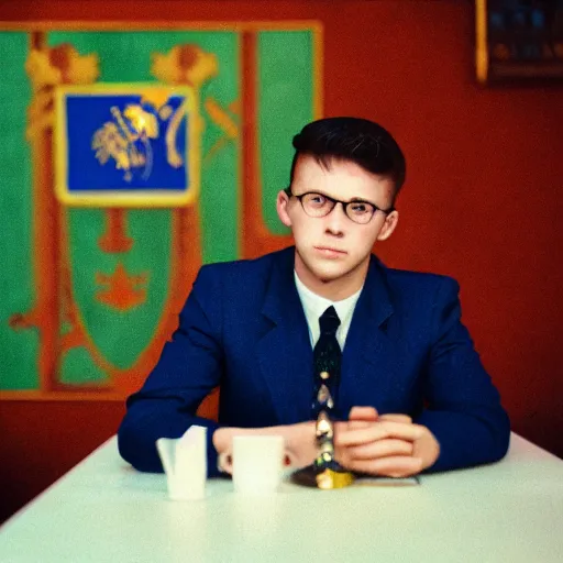 Prompt: A young man in a suit sits at a table , coat of arms of USSR in background, bokeh, cinestill, fine details