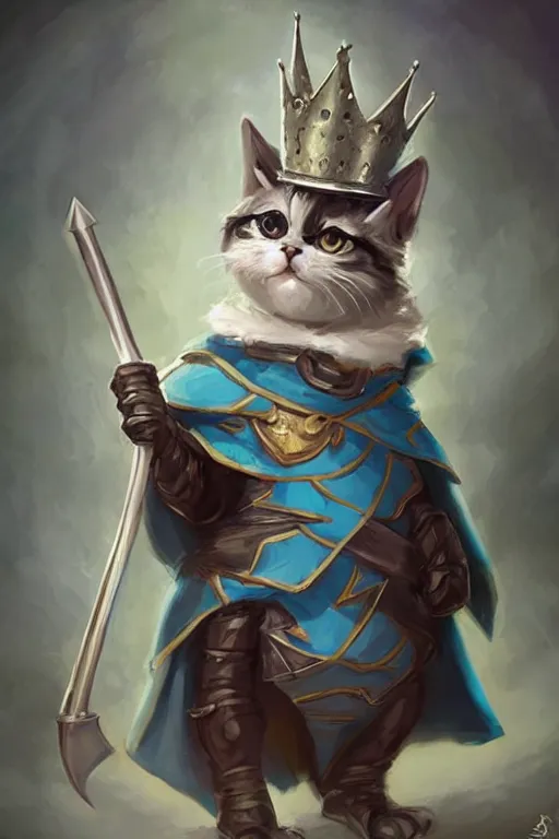 Image similar to cute anthropomorphic Tuxedo cat knight wearing a cape and a crown and holding a bow, tiny, short, pale blue armor, cute and adorable, pretty, beautiful, DnD character art portrait, matte fantasy painting, DeviantArt Artstation, by Jason Felix by Steve Argyle by Tyler Jacobson by Peter Mohrbacher, cinematic lighting