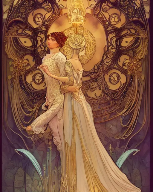 Prompt: a couple, highly detailed, very intricate, art nouveau, gold filigree, romantic storybook fantasy, soft cinematic lighting, award - winning, disney concept art watercolor illustration by mandy jurgens and alphonse mucha and alena aenami, pastel color palette, featured on artstation