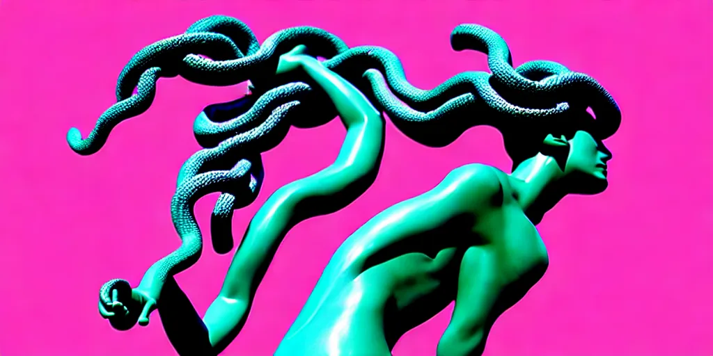 Prompt: modern sculpture, young woman as medusa, multiple poses, androgynous, vaporwave, vhs still