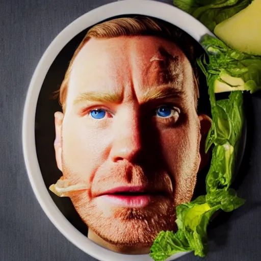 Image similar to a giant egg with the face of ewan mcgregor, food photography, eggs, cracked egg, anthropomorphic, realistic, coherent,