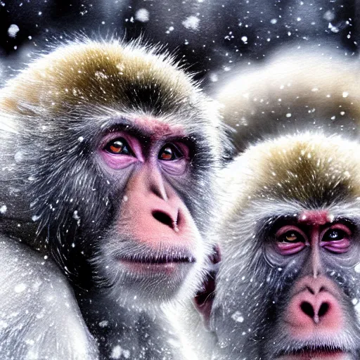 Image similar to portrait of snow monkeys, highly detailed, snow flurry, cold, steamy, desaturated, ultrarealistic, inquisitive, striking, contemplative, watercolor (dry brush)