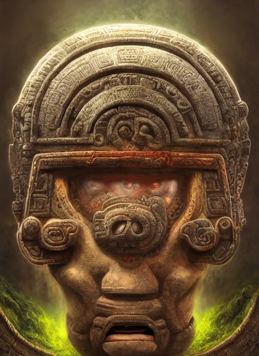 Image similar to Helmet of a forgotten Mayan Deity, ivory, moss, extremly detailed digital painting, in the style of Tomasz Alen Kopera and Fenghua Zhong and Peter Mohrbacher, mystical colors, rim light, beautiful lighting, 8k, stunning scene, raytracing, octane, trending on artstation