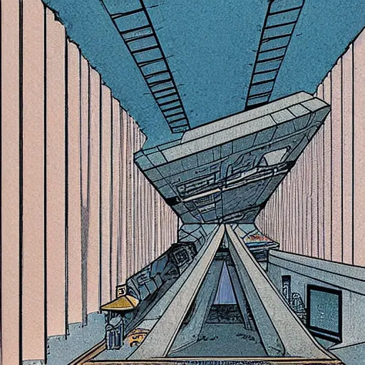 Prompt: a space station tunnel, brutalist architecture, by moebius