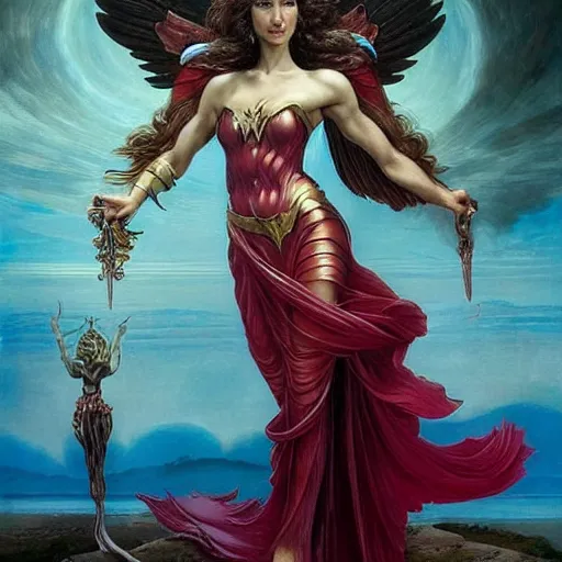 Image similar to Full body oil painting of the beautiful goddess Gal Gadot as Persephone, she is wearing roman clothes and a surreal jewelry, her hair is natural disheveled, she is approaching heaven over the clouds, naturalism, dramatic lighting, high-detailed oil painting by Ilya Repin, Michelangelo da Caravaggio, William Blake, Alex Grey and Beksinski, trending on Artsation, hystorical painting, naturalism, masterpiece, 4k, 8k,