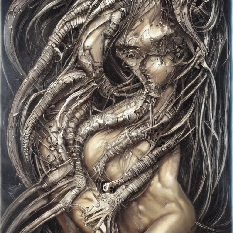 Prompt: beautiful biomechanical moon goddess, flowing hair, intense stare, sweet smile, concept art, realistic oil painting by h. r giger,