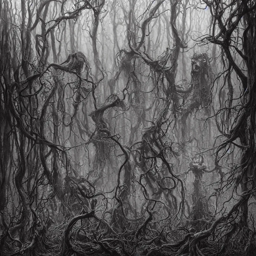 Prompt: realistic detailed image of Shub Niggurath in the woods, spooky and creepy, with an eery vibe, dynamic lighting, photorealistic, misty, ominous, by Ayami Kojima, Amano, Karol Bak, Greg Hildebrandt, and Mark Brooks, Neo-Gothic, gothic, rich deep colors. Beksinski painting, part by Adrian Ghenie and Gerhard Richter. art by Takato Yamamoto. masterpiece