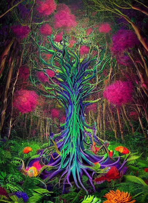 Image similar to a small psychedelic surreal horror giant made of multicolored psychotropic trees and flowers, magical creatures in the chaotic spirit forest, fulcolor octane reminder, cinematic, ultra - realistic, bizarre weird cosmic conceptual tribal art