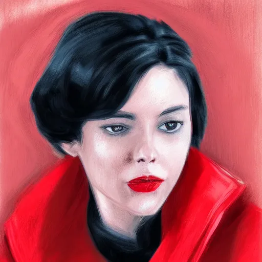 Prompt: frontal Portrait of a black haired woman with a red coat, digital painting