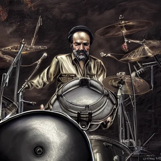 Prompt: khomeini playing drums in heavy metal band in heaven, high definition, trending on artstation, unreal engine, photorealistic, high resolution,, trending on deviantart, hdr, hyper detailed, insane details, intricate, elite, ornate, elegant, luxury, dramatic lighting