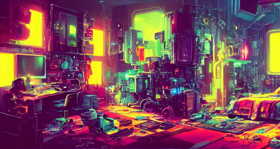 Prompt: IKEA catalogue photo of a cyberpunk bedroom, by Paul Lehr