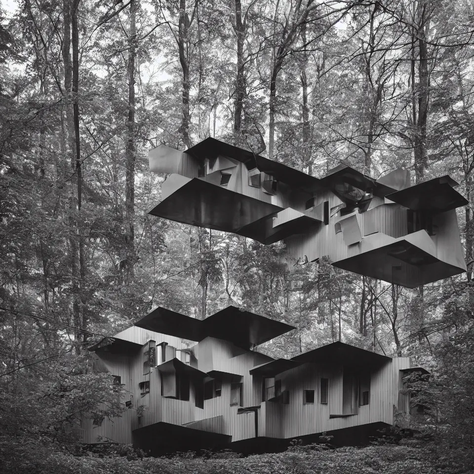 Image similar to architecture ad for a mid-century modern house in the middle of the forrest, designed by Frank Gehry. Film grain, cinematic, grayscale, yellow hue