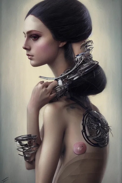 Image similar to Abstract tech portrait of a beautiful female dollpunk with thin lustrous hair wearing a full bodysuit, focus, detailed, realistic eyes, symmetric body features proportions, intricate details, award winning, by Tom Bagshaw