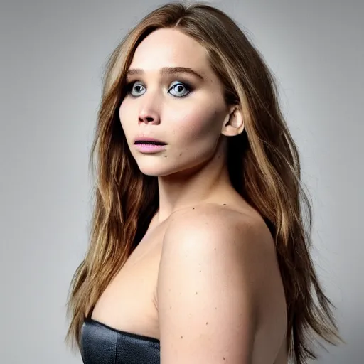 Image similar to a woman who is a genetic combination of jennifer lawrence and elizabeth olsen face and upper - body focus