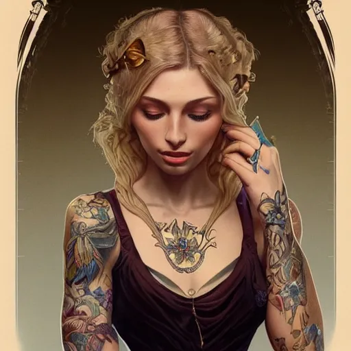 Image similar to ultra realistic illustration, a hot and beautiful tattooed blonde slavic woman in her 3 0's, intricate, elegant, highly detailed, digital painting, artstation, concept art, smooth, sharp focus, illustration, art by artgerm and greg rutkowski and alphonse mucha