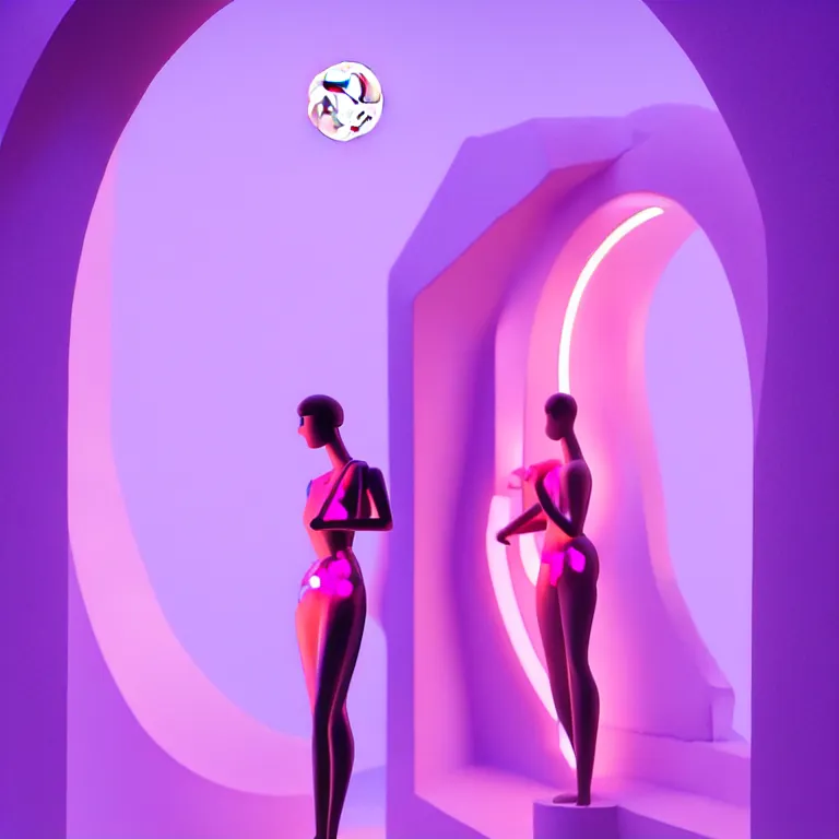 Image similar to beautiful mannequin sculpted out of amethyst by billelis + lit with 3 d geometric neon + doorway opening with neon pink geometric light + hosta flowers!!!, moon in background!!!!!!, rule of thirds, clean linework, dramatic, award winning, 4 k, trending on artstation, photorealistic, volumetric lighting, octane render