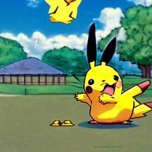 Prompt: pikachu kicking a big ball