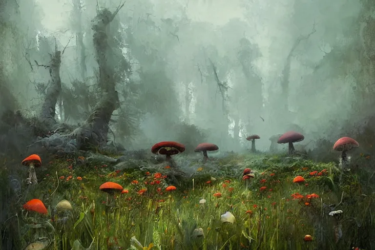 Prompt: surreal painting by craig mullins and greg rutkowski and enki bilal!!, garden wild flowers + poison toxic mushrooms + long grass + garden dwarfs + giant mosquito + mystic fog, 8 0's vintage sci - fi style, rule of third!!!!, cinematic