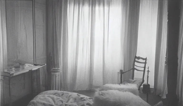 Prompt: A bedroom designed by Marcel Duchamp, 35mm film, long shot
