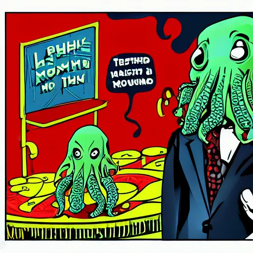 Image similar to Cthulhu as a modern day business man with a family and a drug and gambling addiction, psychedelic , 50s style infomercial , award winning , retro futuristic