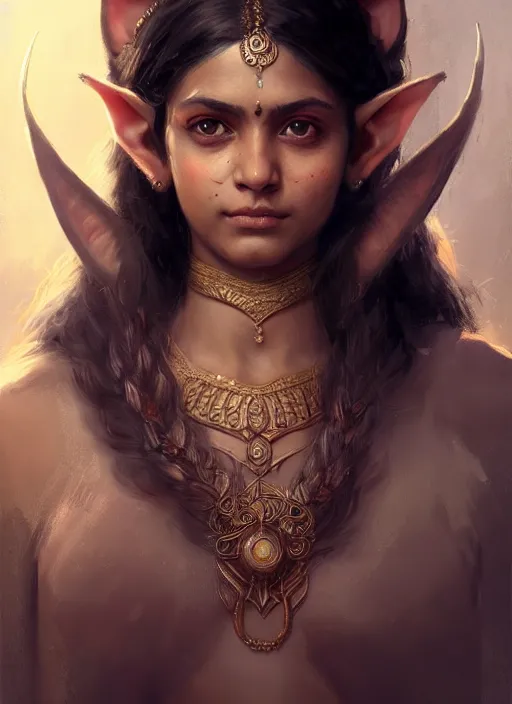 Image similar to Portrait of Indian girl with elven ears, realistic, detailed, 4k by Greg Rutkowski Mark Arian trending on artstation