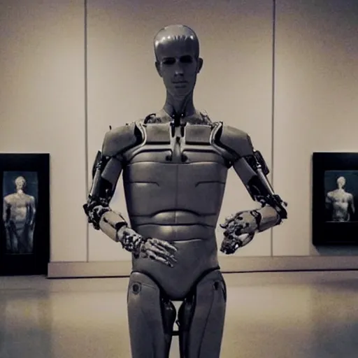 Image similar to “a realistic detailed photo of a guy who is an attractive humanoid who is half robot and half humanoid, who is a male android, actor Liam Hemsworth, shiny skin, posing like a statue, blank stare, at the museum, on display”