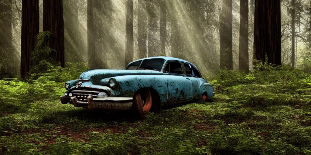 Prompt: Photograph of an abandoned rusty 1950's Buick in an old redwood forest, massive trees, overgrown with vegetation, sun shining through the trees, backlit, crepuscular rays, realistic octane render, 8k, shallow DoF