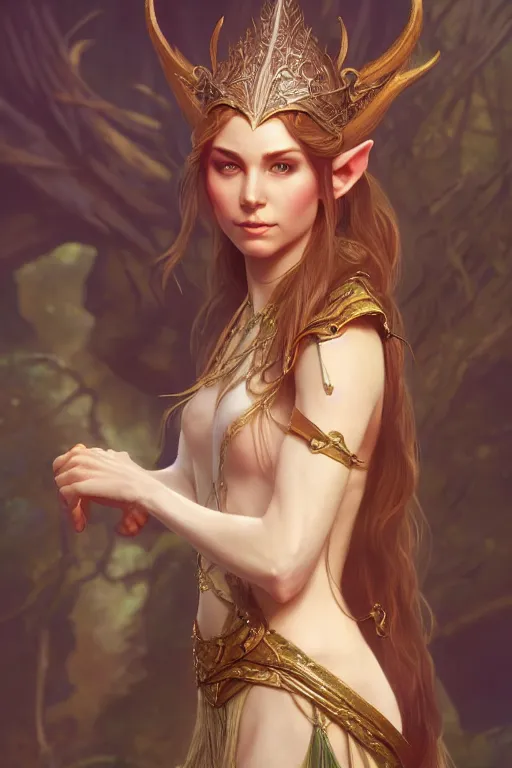 Image similar to beautiful elven princess, accurate anatomy, only two hands, highly detailed, digital painting, artstation, concept art, smooth, sharp focus, illustration, Unreal Engine 5, 8K, art by ross tran and greg rutkowski and alphonse Mucha