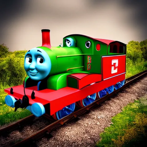 Image similar to the most smug looking Thomas the tank, rendered in redshift