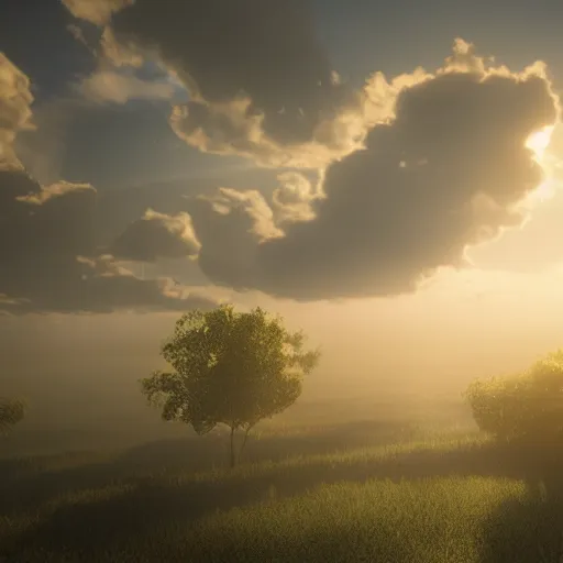 Image similar to Sunlight piercing through clouds, octane render, volumetric lighting, 4K