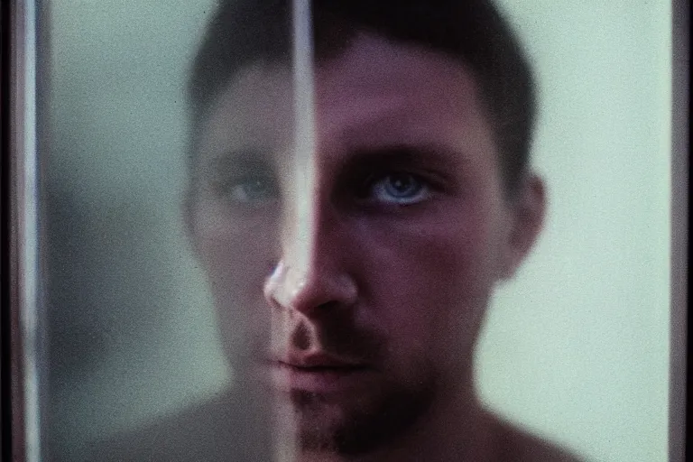 Prompt: a cinematic!! headshot photograph!! of a male, looking through frosted glass, dirt, film still, cinematic lighting, by bill henson, jeremy mann