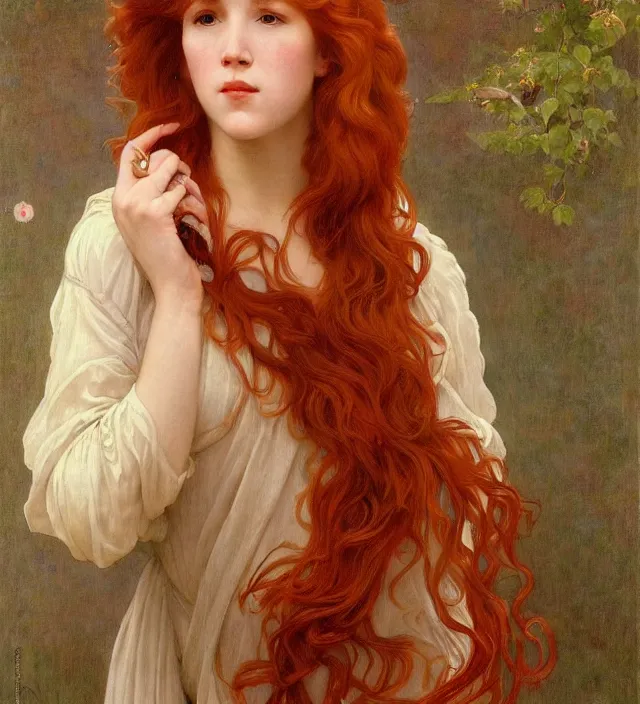 Prompt: intricate art nouveau portrait oil painting of redheaded young molly ringwald with long red hair blowing in the wind, mouth open, wearing a thin white dress, in front of a carved screen, elegant, digital painting, smooth, sharp focus, illustration, ultra realistic, 8 k, by bouguereau, alphonse mucha, artgerm, and donato giancola