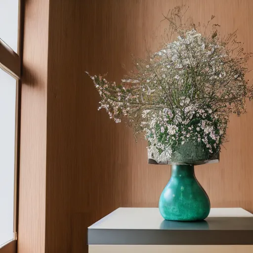 Image similar to a photo of 8k Ikebana in flower vase, ikenobo, ohararyu, sougetsu, wide angle, full body, sony a7r3, ultra detail, photorealistic, in simple background