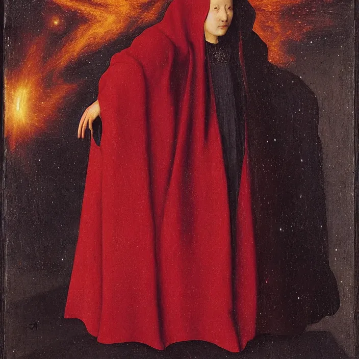 Image similar to a woman in a red hooded cloak in a nebula, by Jan van Eyck