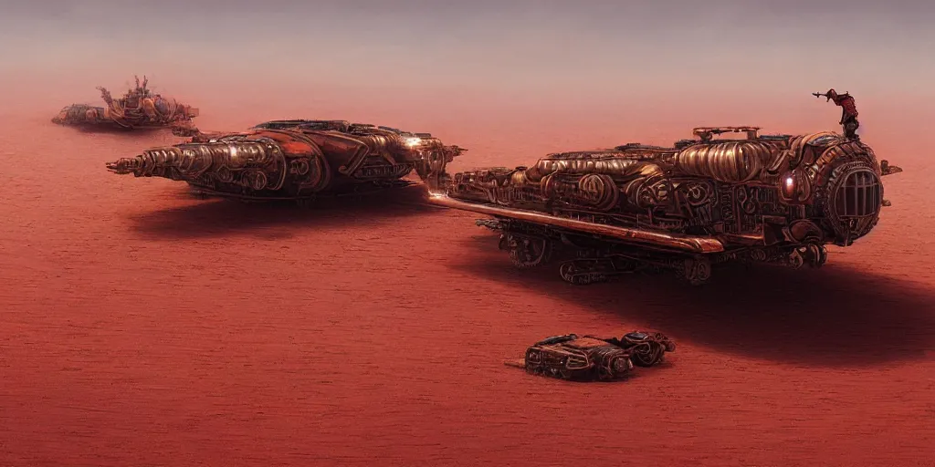 Prompt: steampunk hovercraft going at high speed across a red desert, trailing red sand, greg rutkowski, 8 k, shallow depth of field, intricate detail, concept art,