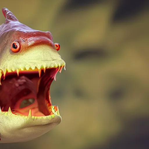 Image similar to closeup photo of Piranha with teeth - 35mm, bokeh, trending on artstation