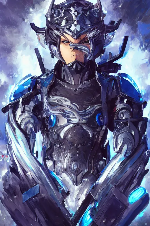 Image similar to concept art, anime portrait of a ninja cyborg warrior wearing an intricate azure wolf themed armor by Masamune Shirow, Stanley Artgerm Lau, WLOP, Rossdraws, James Jean, Andrei Riabovitchev, Marc Simonetti, and Sakimichan, trending on artstation