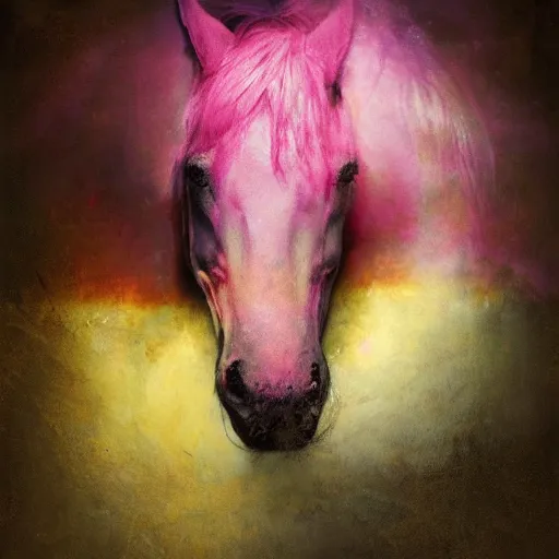 Image similar to a babyhorse by cy Twombly and BASTIEN LECOUFFE DEHARME, pink and yellow, iridescent, volumetric lighting