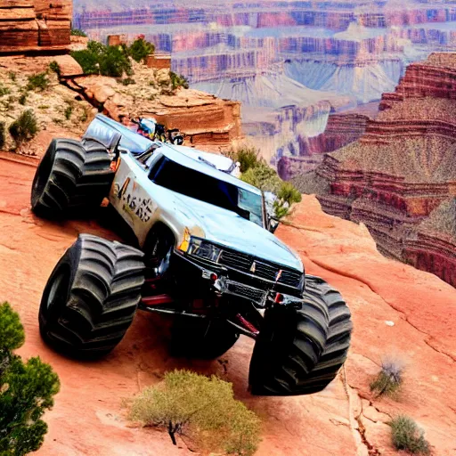 Prompt: a monster truck driving off the edge of a cliff into the Grand Canyon,